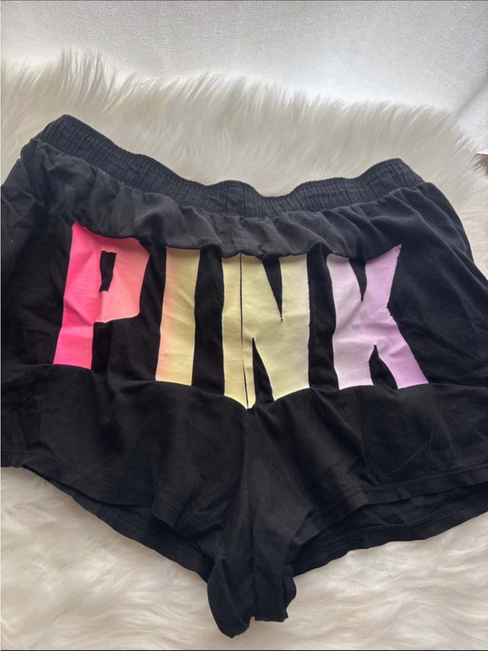 PINK Victoria's Secret Black Shorts with Pink-Yellow-Lavender Gradient Logo